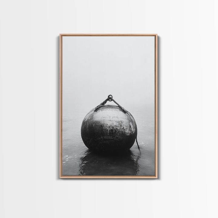 Buoy Stillness, Ocean Fog, Minimal Water, Framed Canvas Print, Nautical Wall Art, Bathroom Decor, Calm Coastal Black and White Art