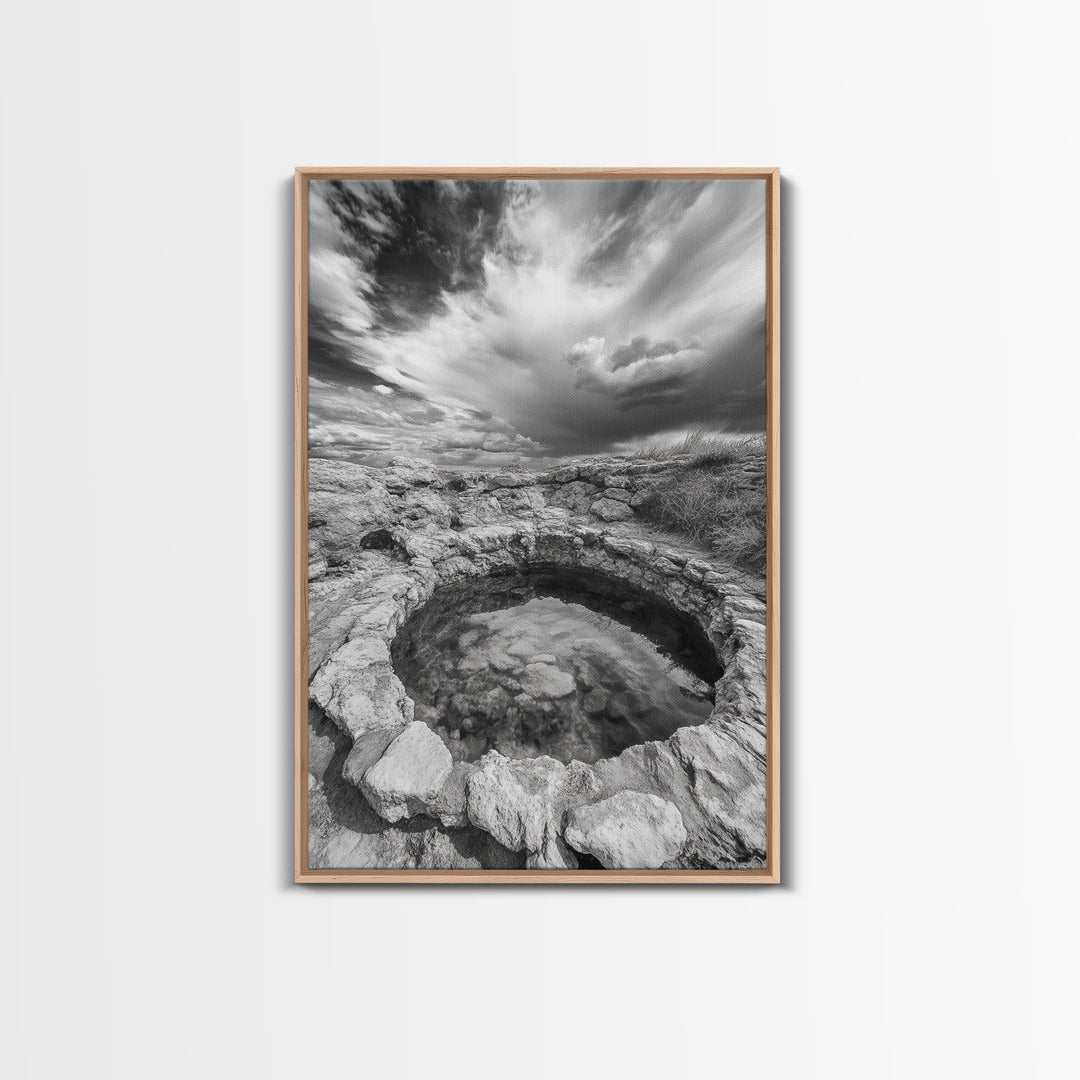 Natural Stone Pool, Sky Reflections, Framed Canvas Print, Bathroom Wall Art, Earthy Neutral Decor, Minimalist Landscape