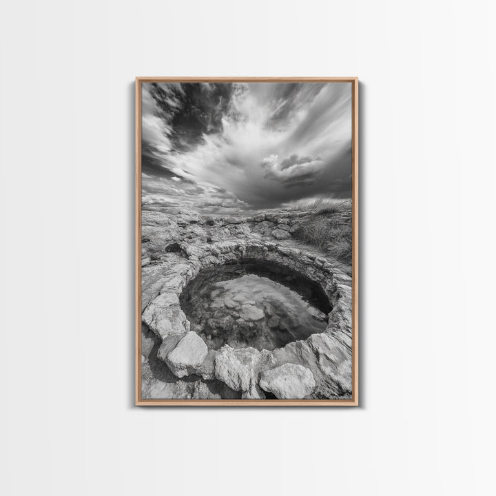 Natural Stone Pool, Sky Reflections, Framed Canvas Print, Bathroom Wall Art, Earthy Neutral Decor, Minimalist Landscape