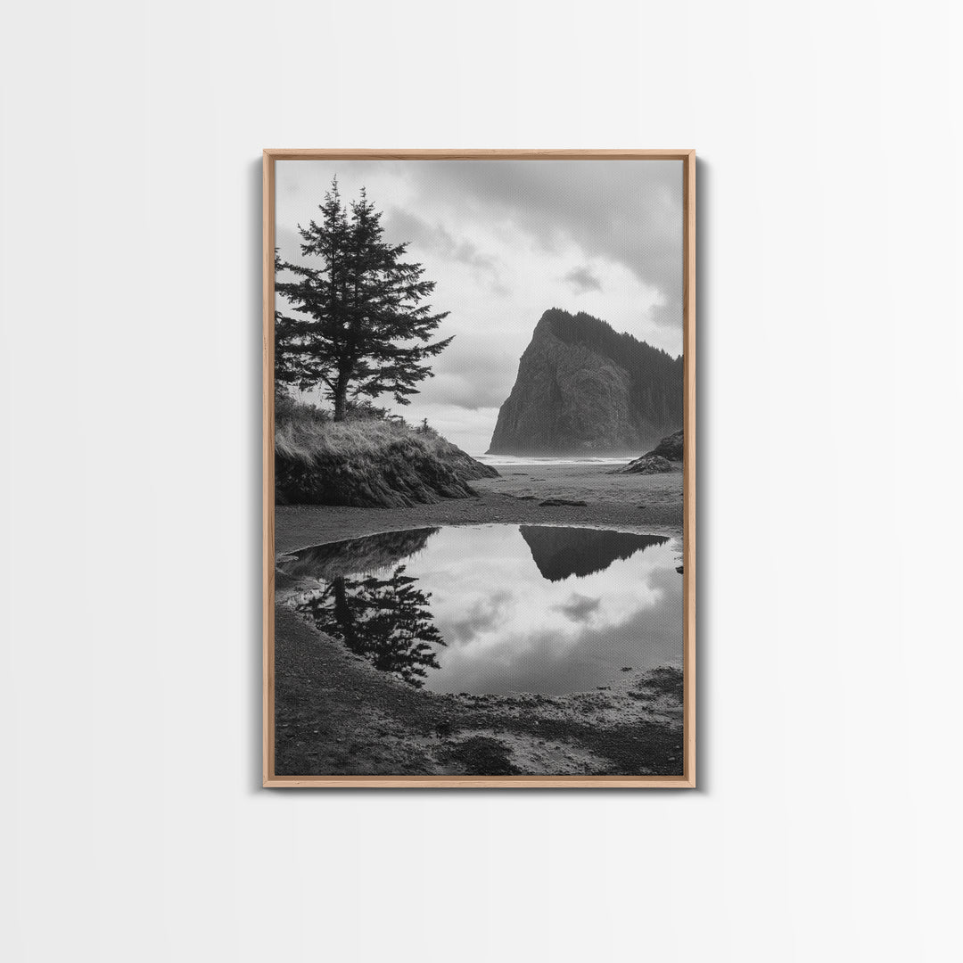 Coastal Rock Reflections, Nature Photography, Ocean Landscape, Framed Canvas Print, Moody Living Room Art, Minimal Decor