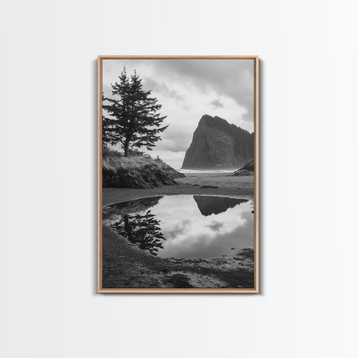 Coastal Rock Reflections, Nature Photography, Ocean Landscape, Framed Canvas Print, Moody Living Room Art, Minimal Decor