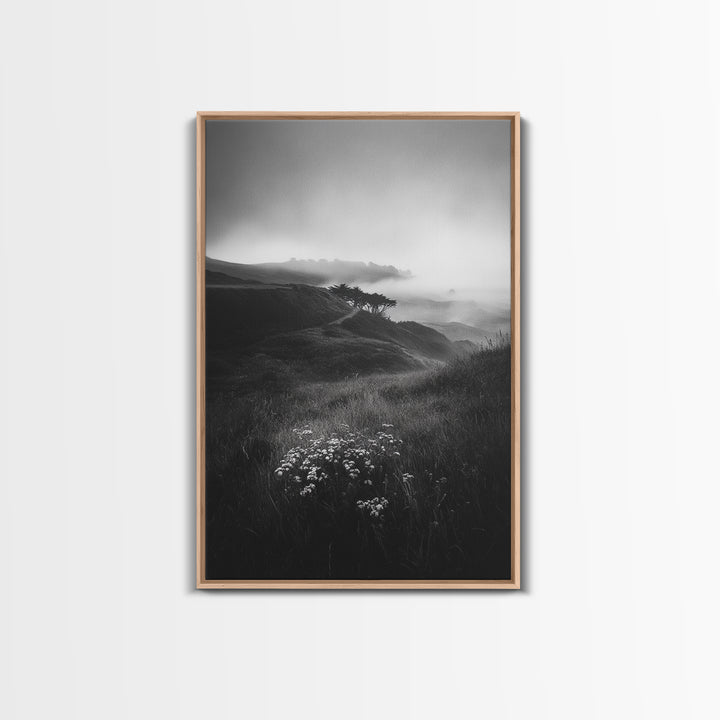 Rolling Mist Hills, Dreamy Countryside, Framed Canvas Print, Black and White Wall Art, Bedroom Calm Decor, Nature Landscape