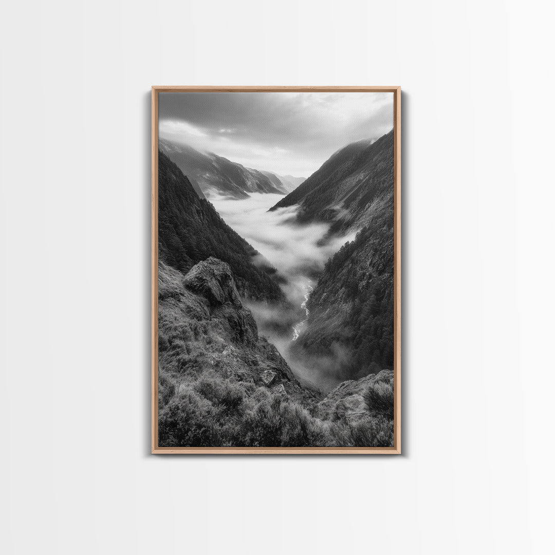 Foggy Mountain Valley, Nature Escape, Serene Wall Art, Framed Canvas Print, Adventure Photography, Cabin Autumn Decor