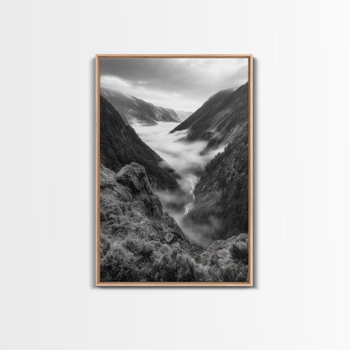 Foggy Mountain Valley, Nature Escape, Serene Wall Art, Framed Canvas Print, Adventure Photography, Cabin Autumn Decor