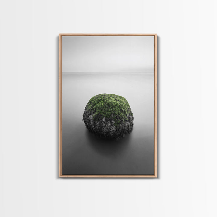 Moss Rock Minimal, Green Accent Art, Coastal Zen Decor, Framed Canvas Print, Modern Neutral Room, Nature Wall Aesthetic
