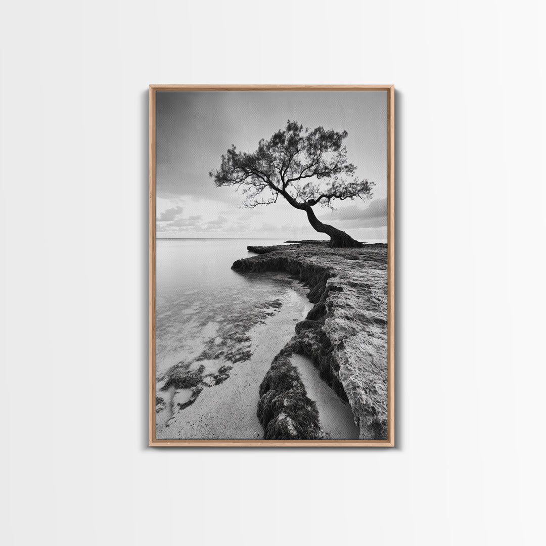 Coastal Tree Silhouette, Serene Nature Art, Ocean Wall Scene, Framed Canvas Print, Beach House Decor, Minimalist Design