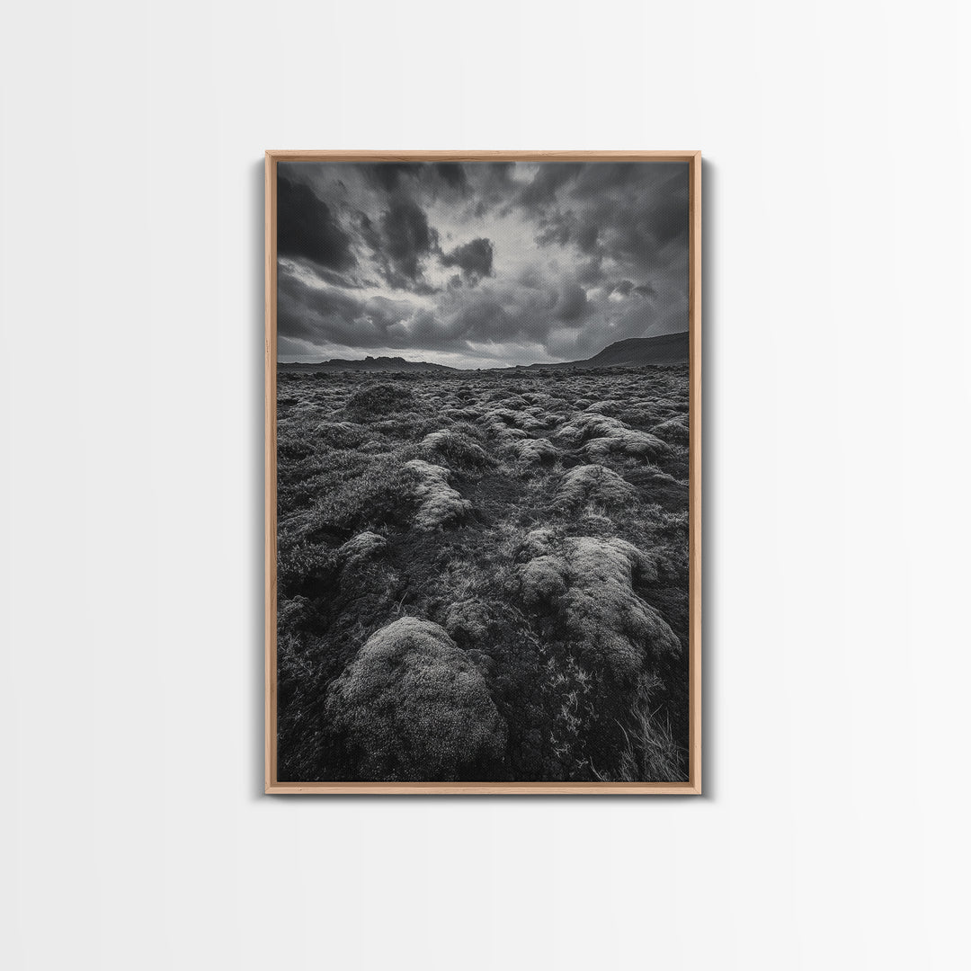 Moss Covered Lava, Iceland Landscape, Moody Nature Scene, Framed Canvas Print, Fall Rustic Decor, Earth Tone Wall Art