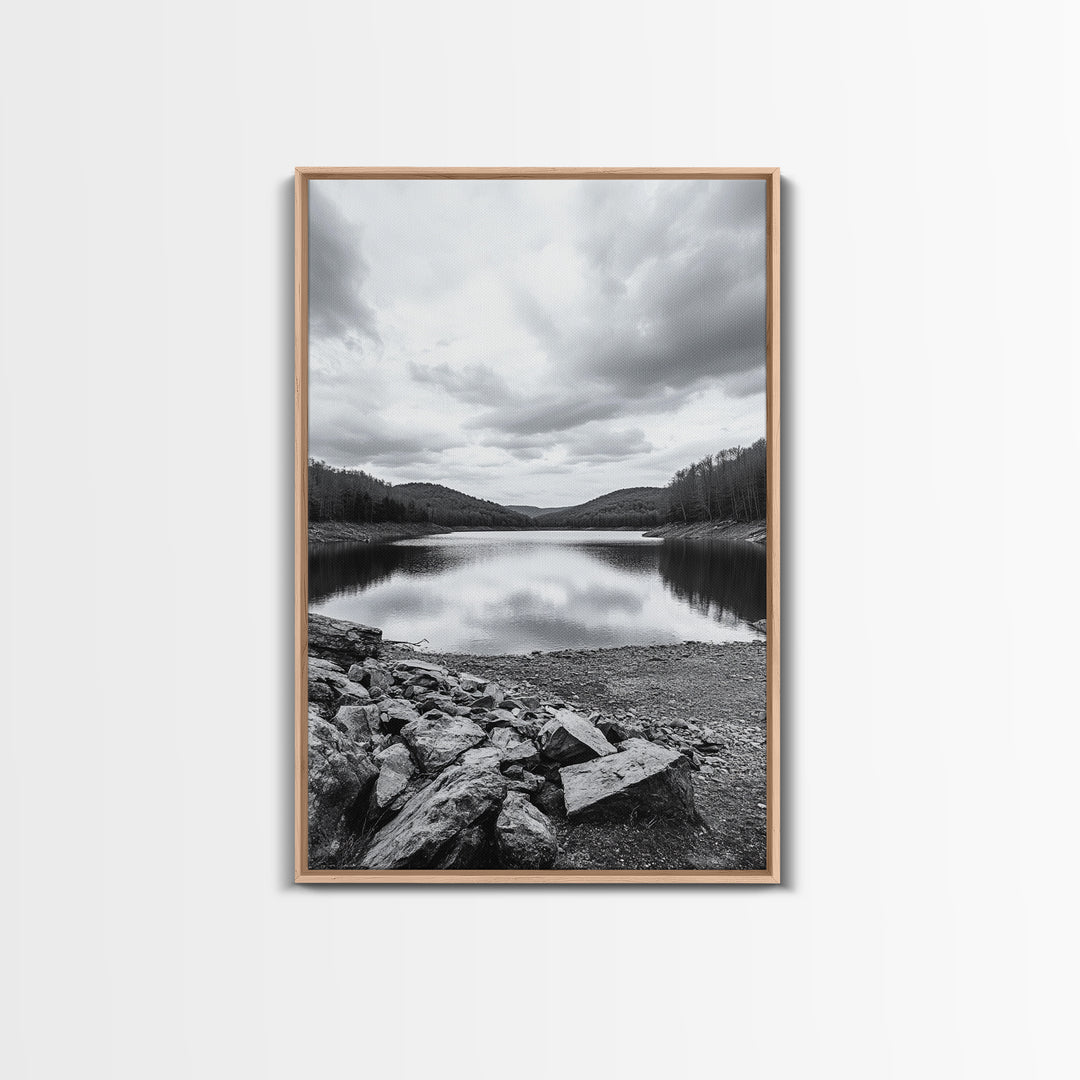 Misty Lake View, Peaceful Reflections, Nature Tranquility, Framed Canvas Print, Bedroom Wall Art, Black and White Landscape, Minimalist Art
