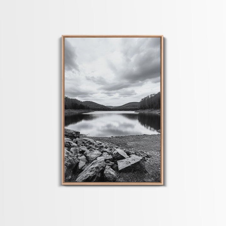 Misty Lake View, Peaceful Reflections, Nature Tranquility, Framed Canvas Print, Bedroom Wall Art, Black and White Landscape, Minimalist Art