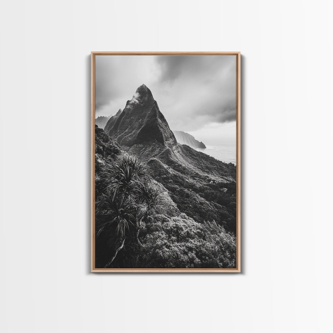Lush Mountain Range, Cloud Covered Peaks, Jungle Tranquility, Framed Canvas Print, Entryway Wall Art, Black and White Nature, Boho Wall Art