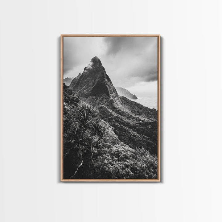 Lush Mountain Range, Cloud Covered Peaks, Jungle Tranquility, Framed Canvas Print, Entryway Wall Art, Black and White Nature, Boho Wall Art