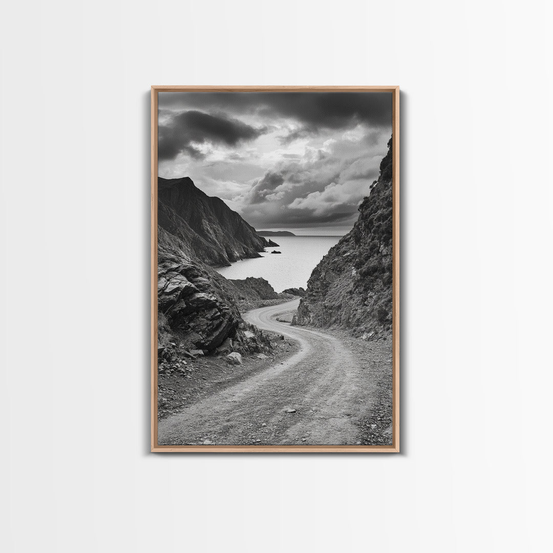 Coastal Road Curve, Rugged Cliff Path, Dramatic Seascape, Canvas Print, Office Wall Art, Monochrome Nature Art, Rustic Home Decor