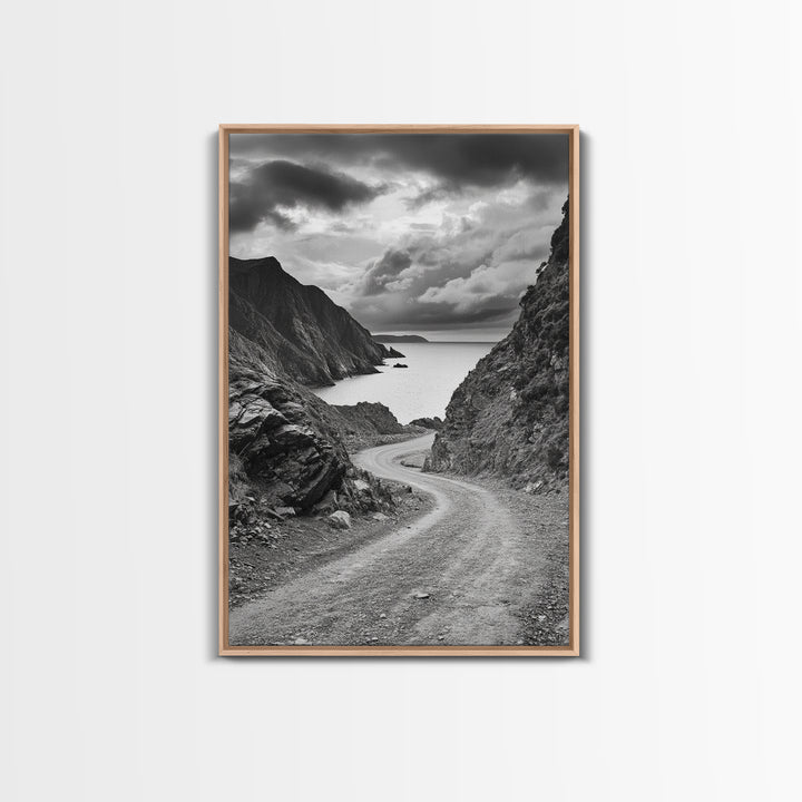 Coastal Road Curve, Rugged Cliff Path, Dramatic Seascape, Canvas Print, Office Wall Art, Monochrome Nature Art, Rustic Home Decor