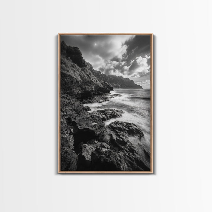 Coastal Cliffs, Ocean Horizon, Wild Waves, Framed Canvas Print, Bathroom Wall Art, Black and White Seascape, Coastal Decor, Moody Art