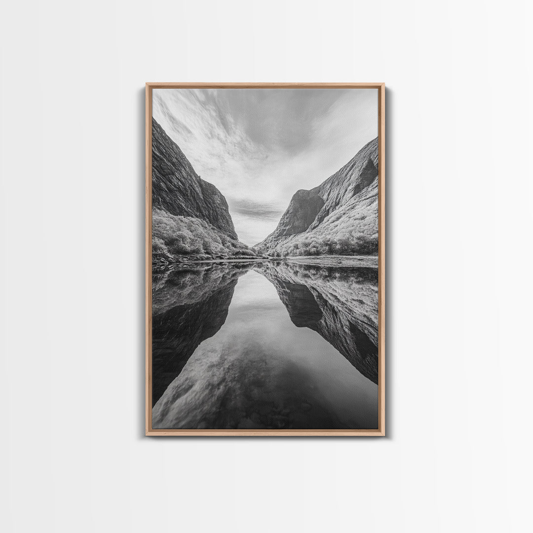 Fjord Reflection, Mountain Valley Calm, Mirror Lake, Canvas Print, Hallway Wall Art, Scandinavian Style Art, Black and White Minimalist
