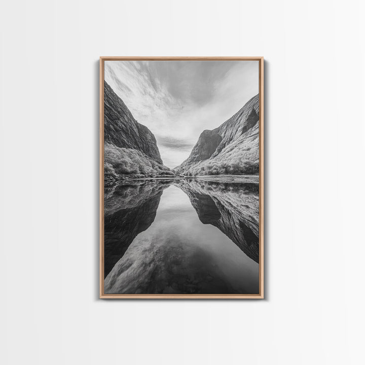Fjord Reflection, Mountain Valley Calm, Mirror Lake, Canvas Print, Hallway Wall Art, Scandinavian Style Art, Black and White Minimalist