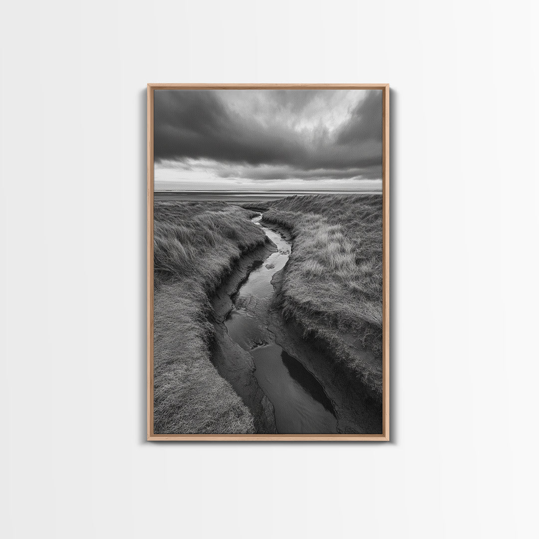 Winding Stream, Grassy Dunes, Ocean Horizon, Canvas Print, Kitchen Wall Art, Black and White Nature Scene, Coastal Rustic Decor