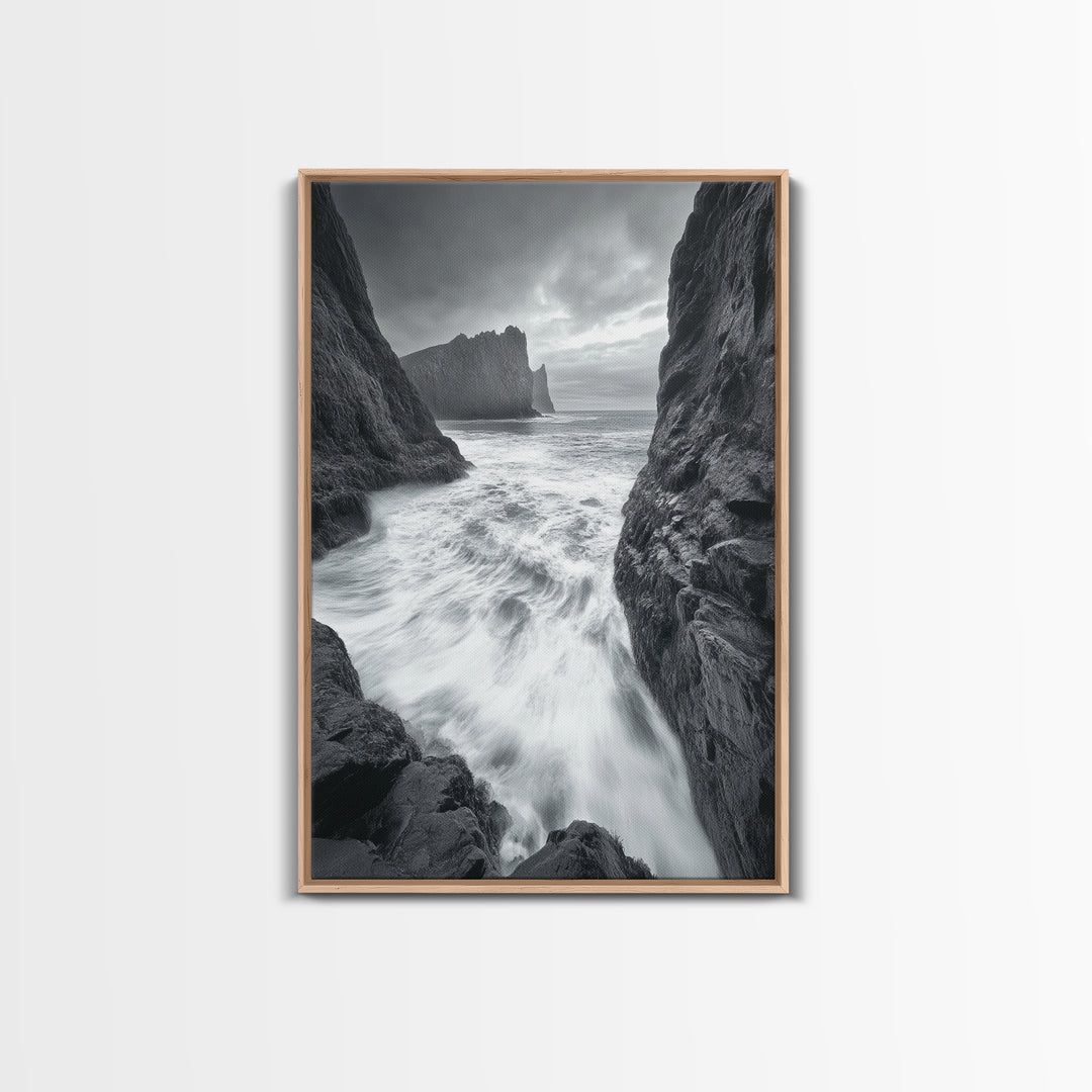 Stormy Coast, Crashing Waves, Ocean Drama, Framed Canvas Print, Living Room Wall Art, Bold Seascape Photography, Monochrome Modern Art