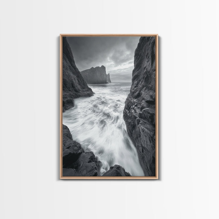 Stormy Coast, Crashing Waves, Ocean Drama, Framed Canvas Print, Living Room Wall Art, Bold Seascape Photography, Monochrome Modern Art
