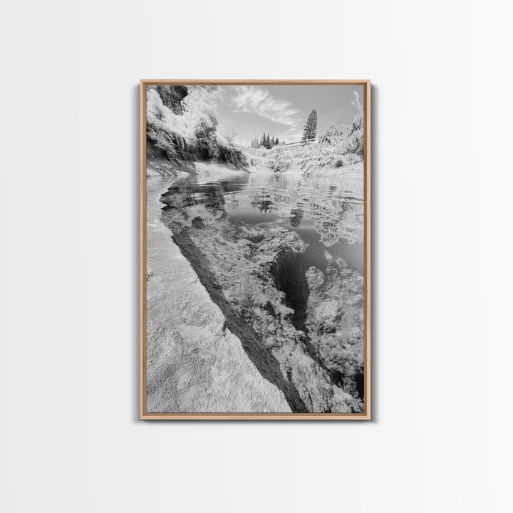 Reflective Riverbed, Nature Tranquility, Monochrome Landscape, Canvas Print, Bathroom Wall Art, Zen Decor, Fine Art Photography