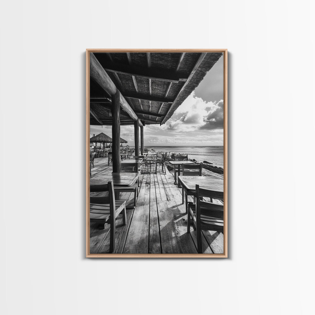 Seaside Café, Coastal Patio, Ocean View, Canvas Print, Rustic Kitchen Wall Art, Tropical Dining Decor, Travel Lifestyle Art