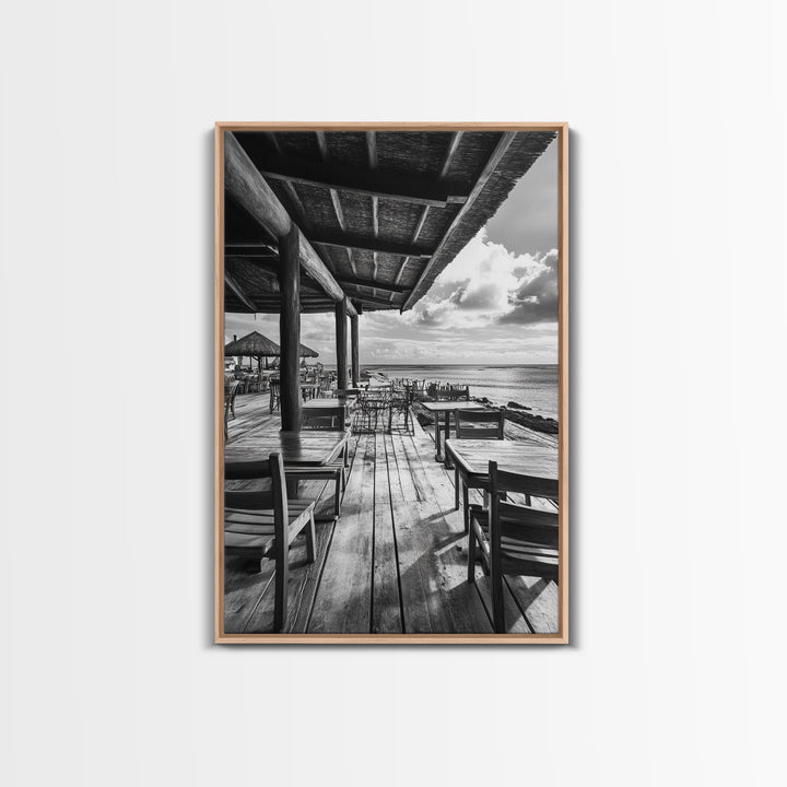Seaside Café, Coastal Patio, Ocean View, Canvas Print, Rustic Kitchen Wall Art, Tropical Dining Decor, Travel Lifestyle Art