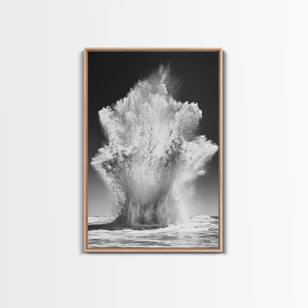 Ocean Splash, Water Explosion, Sea Power, Canvas Print, Bathroom Wall Art, Black and White Abstract Art, Coastal Modern Decor