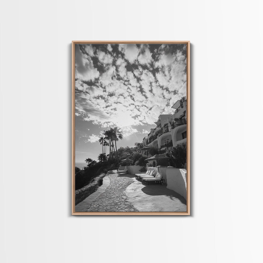 Mediterranean Villa, Palm Tree Art, Coastal Pathway, Framed Canvas Print, Living Room Decor, Summer Wall Art, Black and White Photography