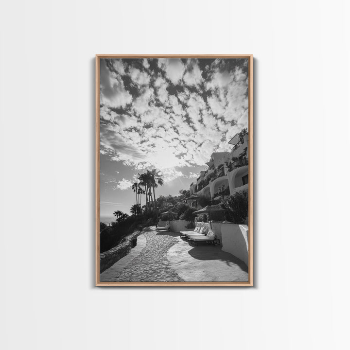 Mediterranean Villa, Palm Tree Art, Coastal Pathway, Framed Canvas Print, Living Room Decor, Summer Wall Art, Black and White Photography