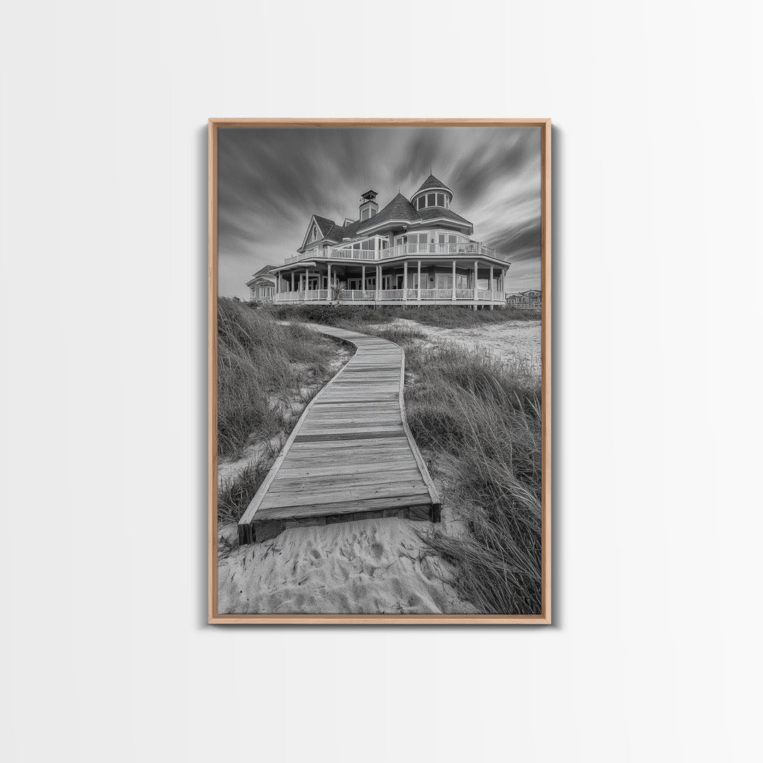 Beach House, Boardwalk Path, Coastal Architecture, Framed Canvas Print, Hallway Wall Art, Neutral Tones, Minimalist Coastal Style