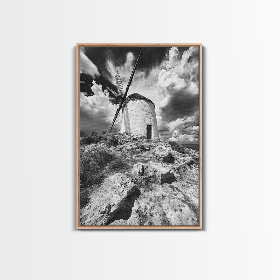 Windmill Hill, Dramatic Sky Art, European Landscape, Framed Canvas Print, Entryway Wall Art, Rustic Decor, Monochrome Photography