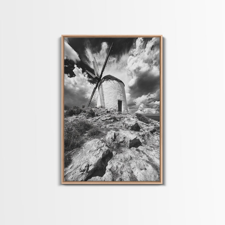 Windmill Hill, Dramatic Sky Art, European Landscape, Framed Canvas Print, Entryway Wall Art, Rustic Decor, Monochrome Photography