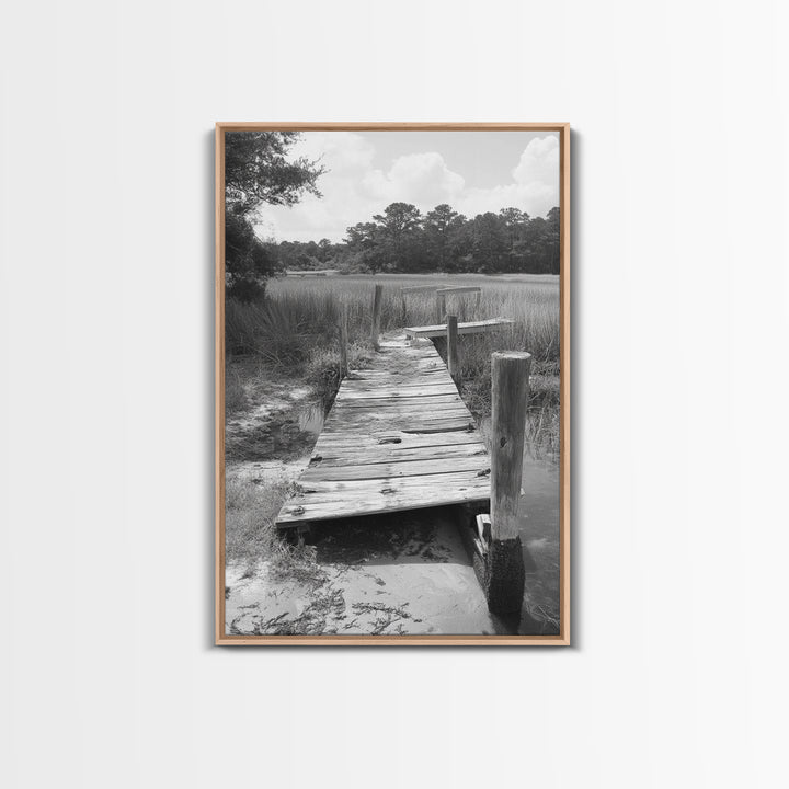 Marsh Dock, Southern Nature, Weathered Pier, Framed Canvas Print, Guest Room Wall Art, Rural Landscape, Fall Wall Art, Country Style