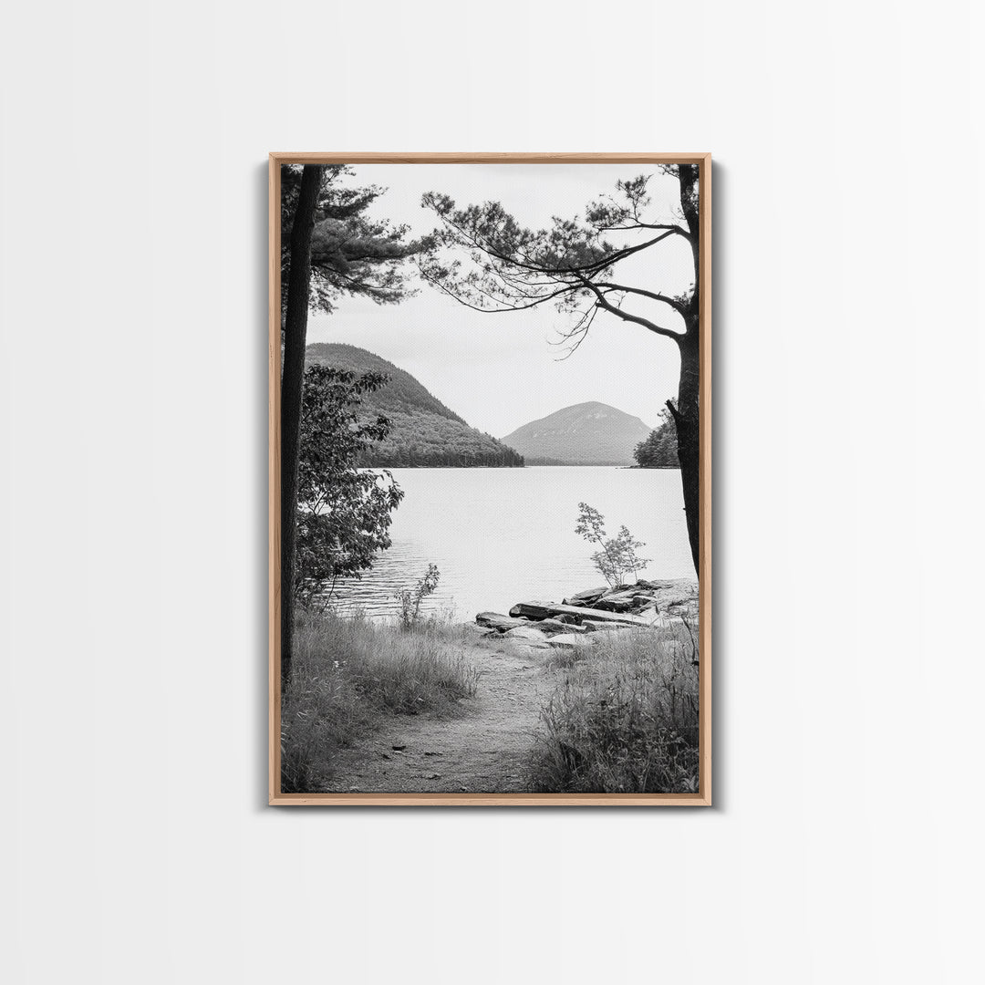 Forest Lake, Mountain View, Peaceful Trail, Framed Canvas Print, Cabin Decor, Fall Landscape, Living Room Art, Tranquil Nature Print