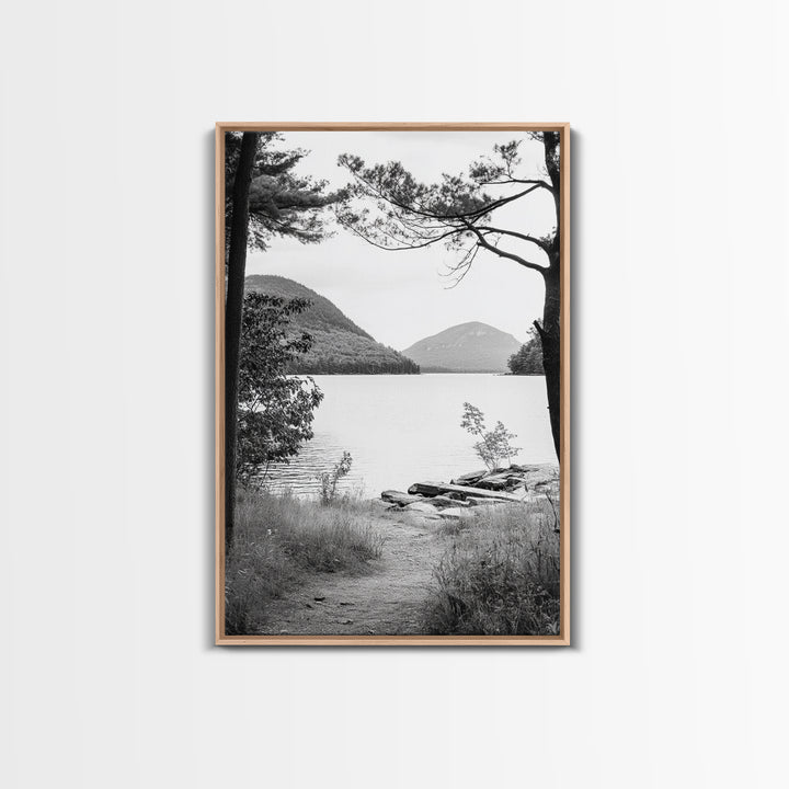 Forest Lake, Mountain View, Peaceful Trail, Framed Canvas Print, Cabin Decor, Fall Landscape, Living Room Art, Tranquil Nature Print