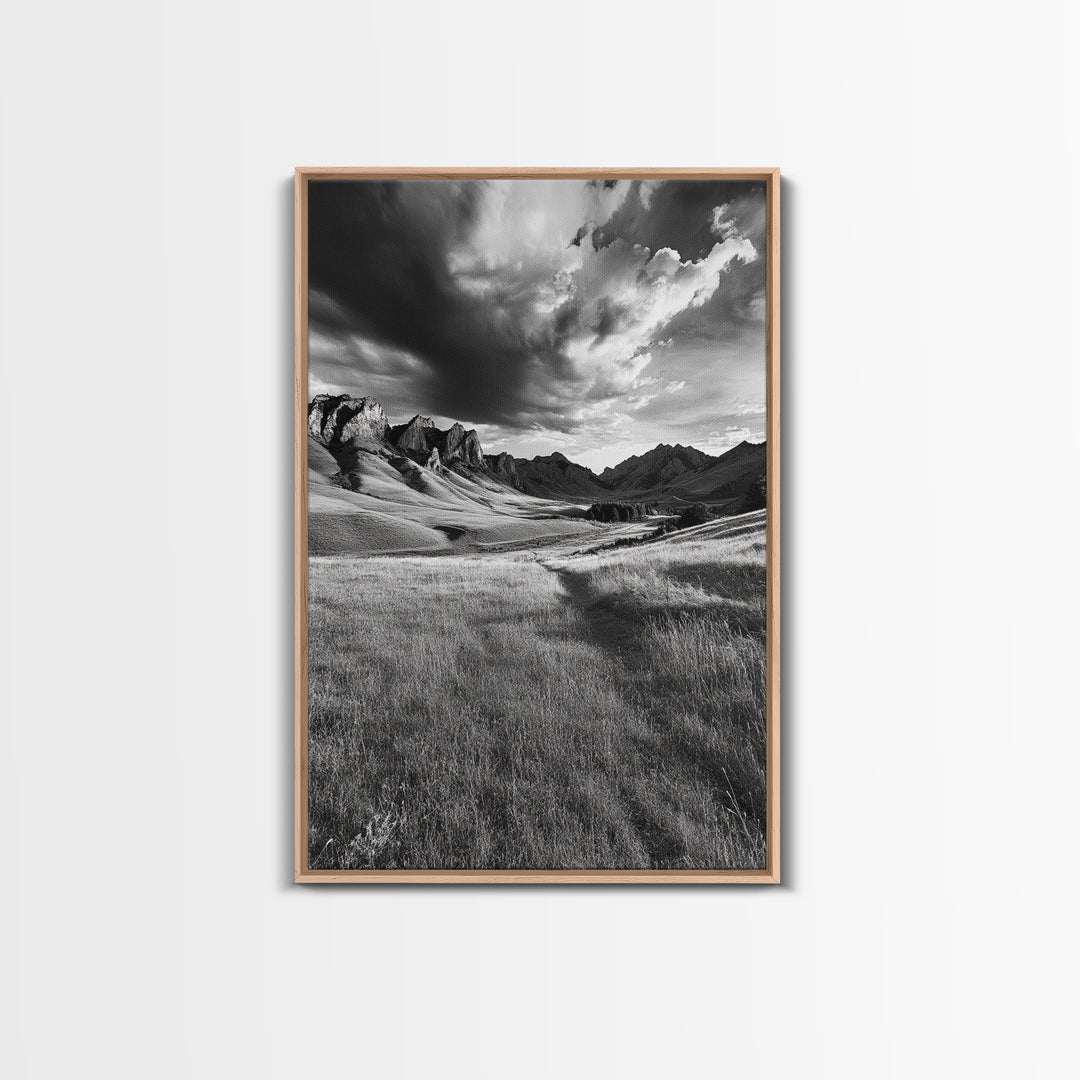 Mountain Valley, Stormy Sky, Western Landscape, Framed Canvas Print, Office Wall Art, Moody Nature Decor, Fall Art, Wilderness Style