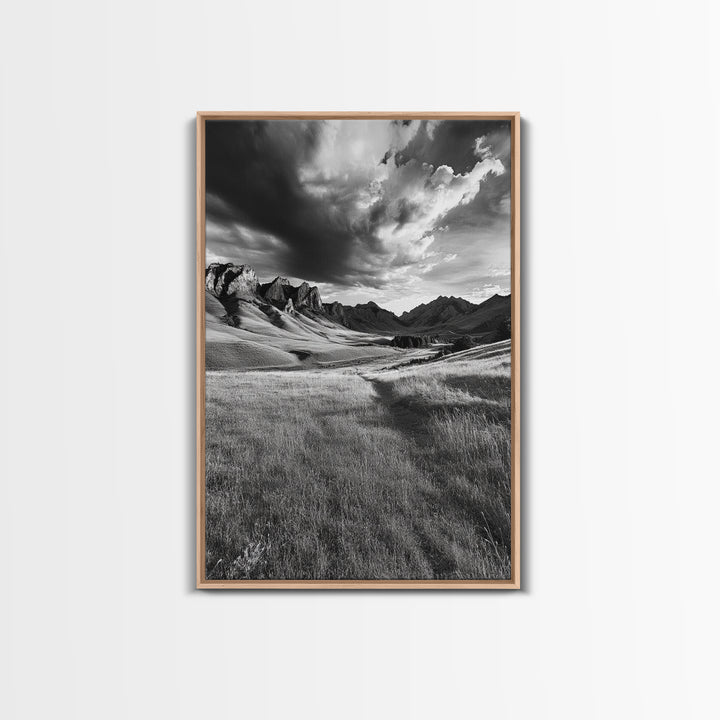 Mountain Valley, Stormy Sky, Western Landscape, Framed Canvas Print, Office Wall Art, Moody Nature Decor, Fall Art, Wilderness Style