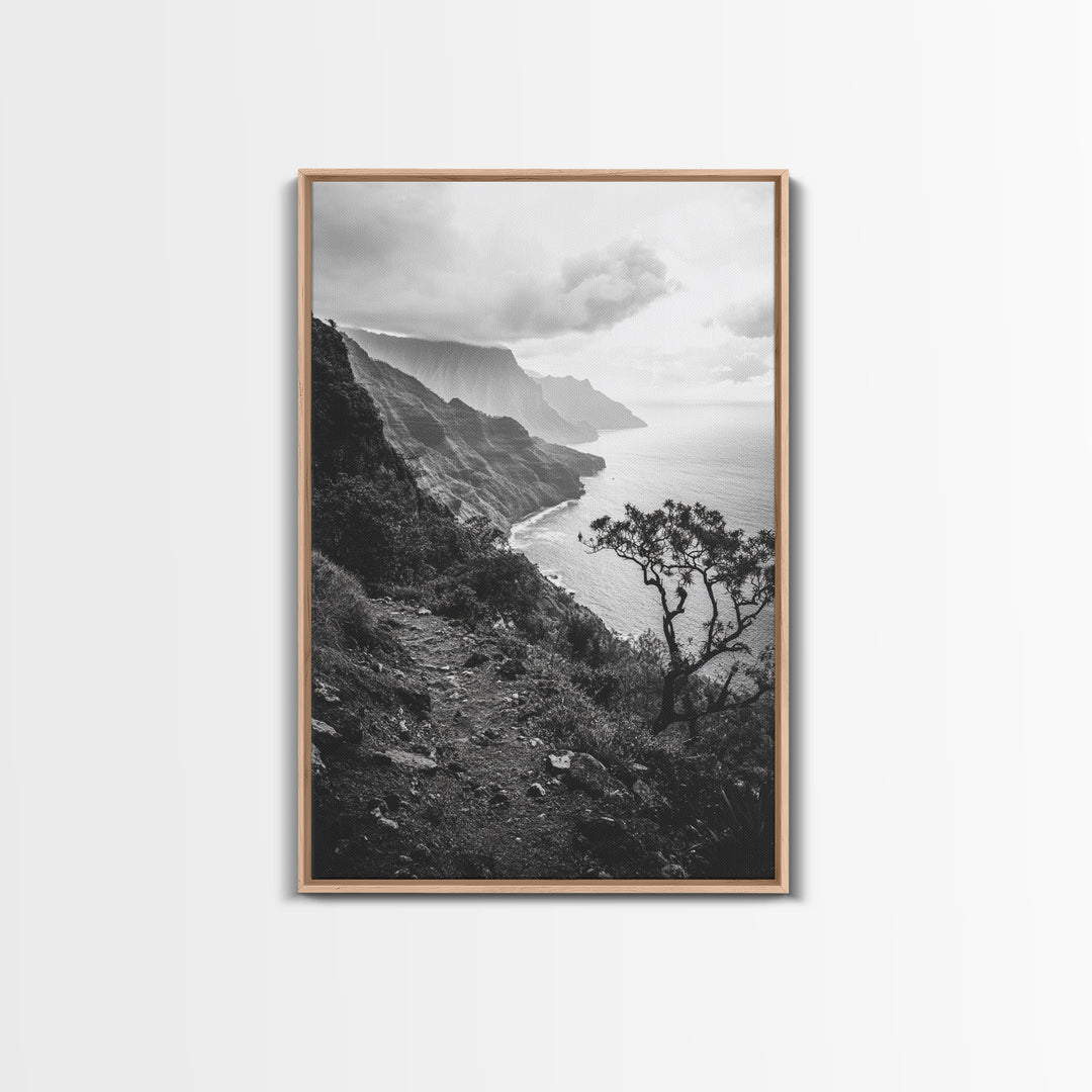 Coastal Cliff, Ocean Horizon, Hiking Trail, Framed Canvas Print, Nature Photography, Boho Wall Art, Living Room Decor, Minimalist Earth Tones