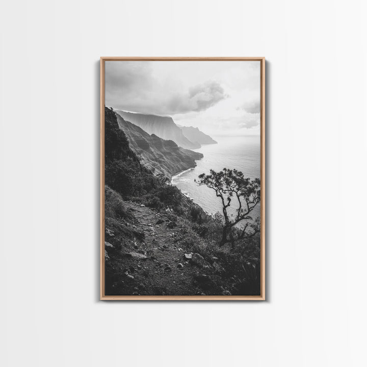 Coastal Cliff, Ocean Horizon, Hiking Trail, Framed Canvas Print, Nature Photography, Boho Wall Art, Living Room Decor, Minimalist Earth Tones
