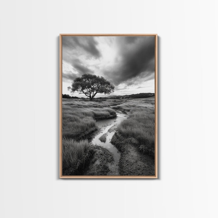 Solitary Tree, Storm Sky, Tranquil Meadow, Nature Landscape, Framed Canvas Print, Rustic Decor, Fall Wall Art, Bedroom Minimalist Art