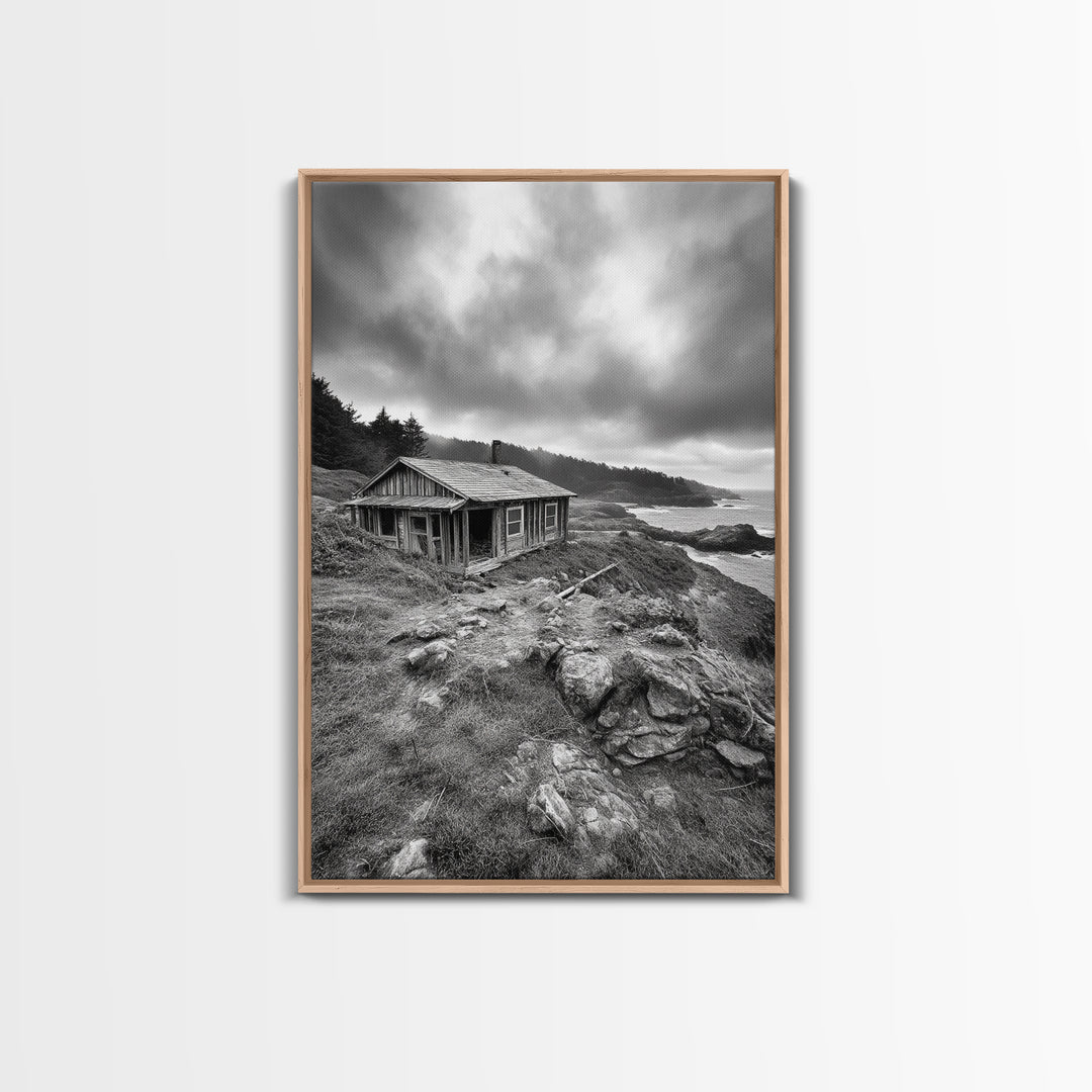 Abandoned Cabin, Coastal Cliff, Moody Landscape, Autumn Wall Art, Framed Canvas Print, Living Room Rustic Art, Farmhouse Aesthetic