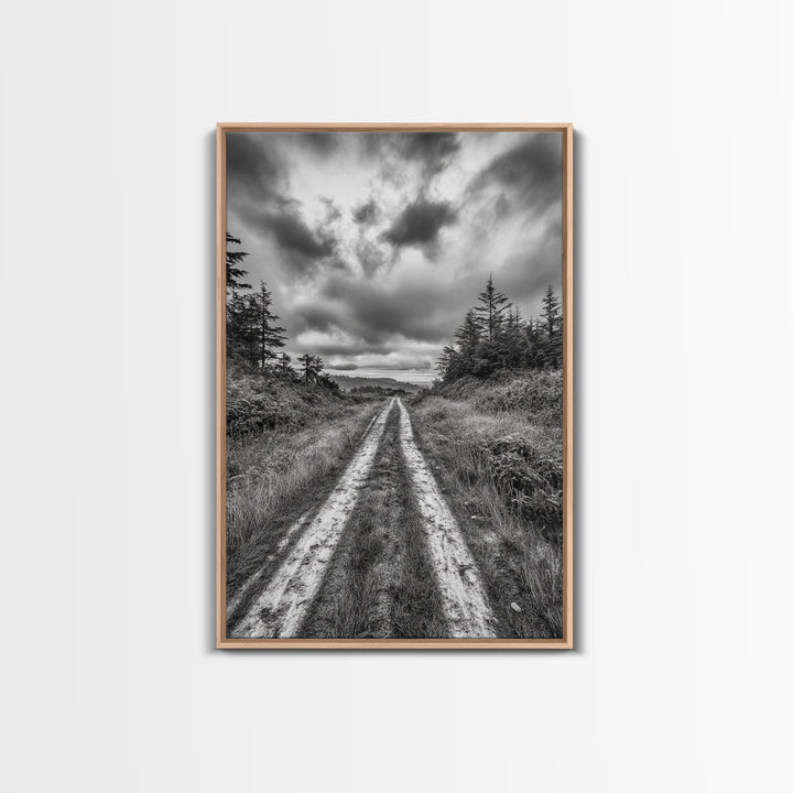 Forest Trail, Overcast Sky, Nature Pathway, Moody Landscape, Framed Canvas Print, Office Wall Art, Woodland Autumn Decor