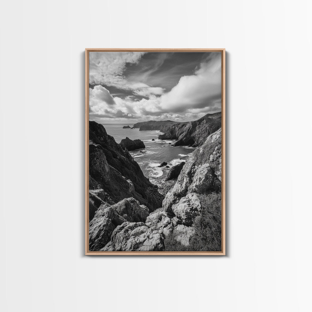 Rugged Cliffs, Ocean View, Coastal Escape, Framed Canvas Print, black and white coastal art, beach house wall decor, moody ocean print