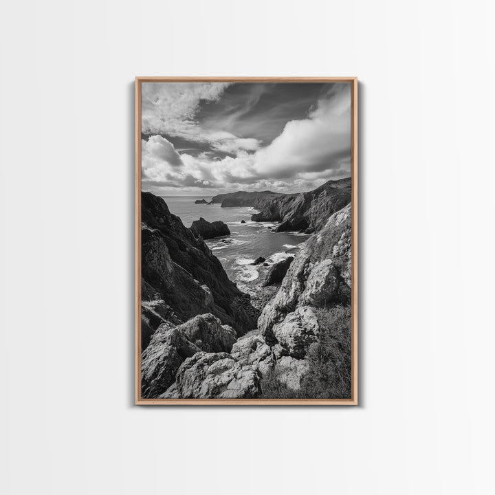 Rugged Cliffs, Ocean View, Coastal Escape, Framed Canvas Print, black and white coastal art, beach house wall decor, moody ocean print