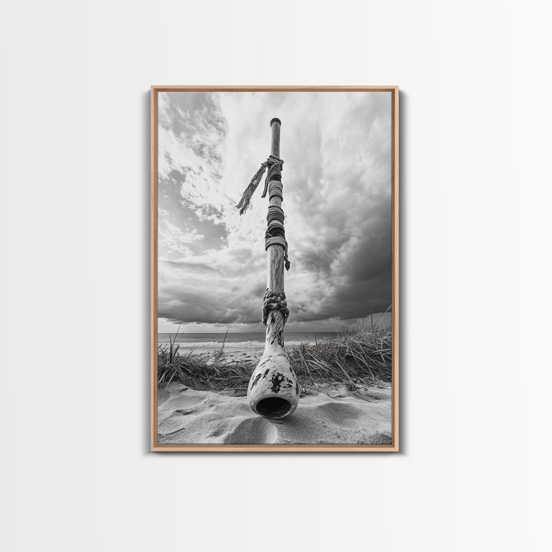 Coastal Totem, Beach Symbol, Stormy Horizon, Framed Canvas Print, nautical art, entryway decor, tribal coastal artwork, Modern Loft Decor
