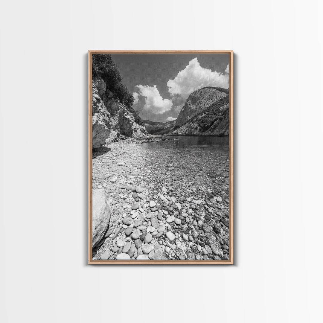 Rocky Beach, Crystal Water, Mountain Backdrop, Framed Canvas Print, tranquil lake art, minimalist decor, natural wall art