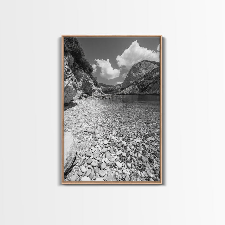 Rocky Beach, Crystal Water, Mountain Backdrop, Framed Canvas Print, tranquil lake art, minimalist decor, natural wall art