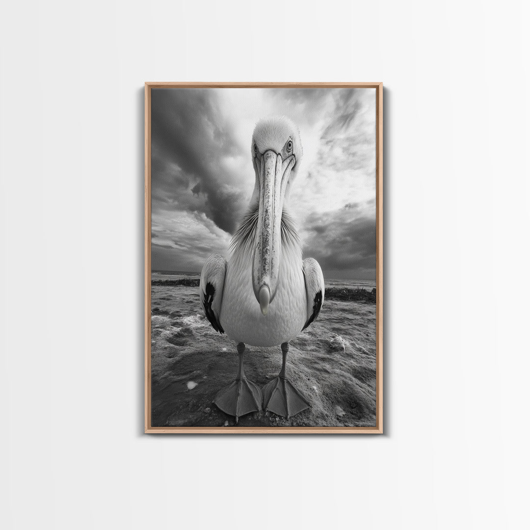 Bold Pelican, Coastal Storm, Bird Portrait, Canvas Print, wildlife wall art, beach house decor, dramatic black and white animal art