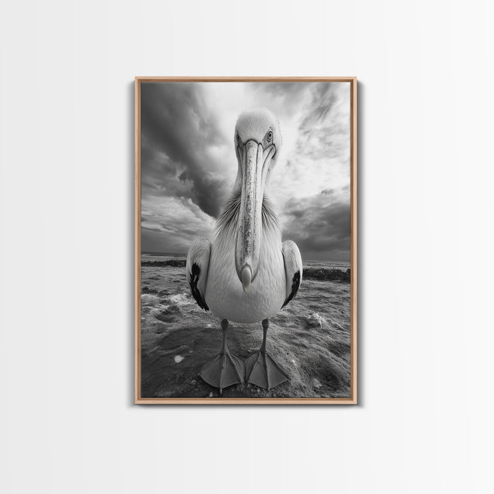Bold Pelican, Coastal Storm, Bird Portrait, Canvas Print, wildlife wall art, beach house decor, dramatic black and white animal art