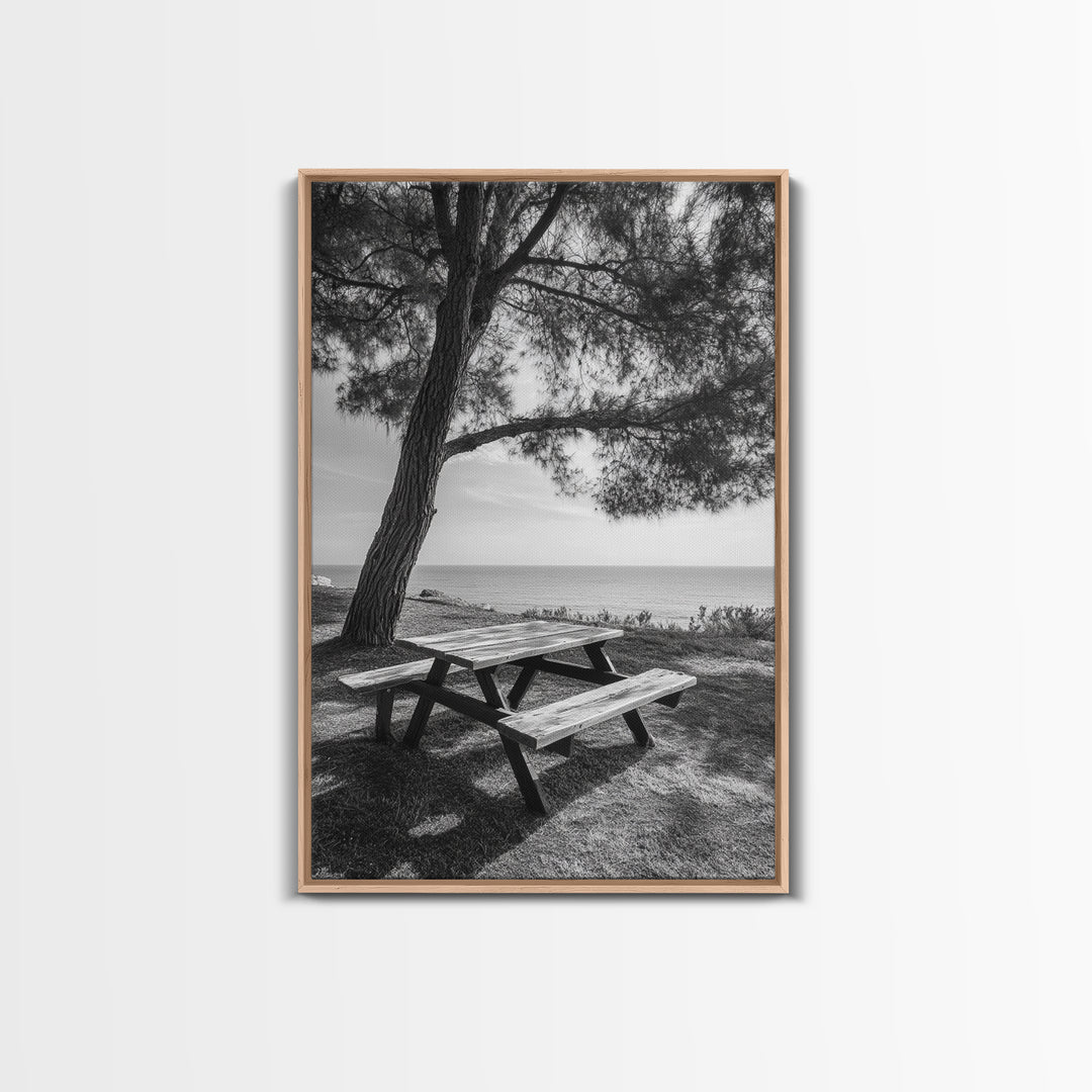 Seaside Bench, Peaceful Escape, Shaded Picnic, Canvas Print, nature photography, coastal wall art, relaxing ocean decor, Minimalist Decor
